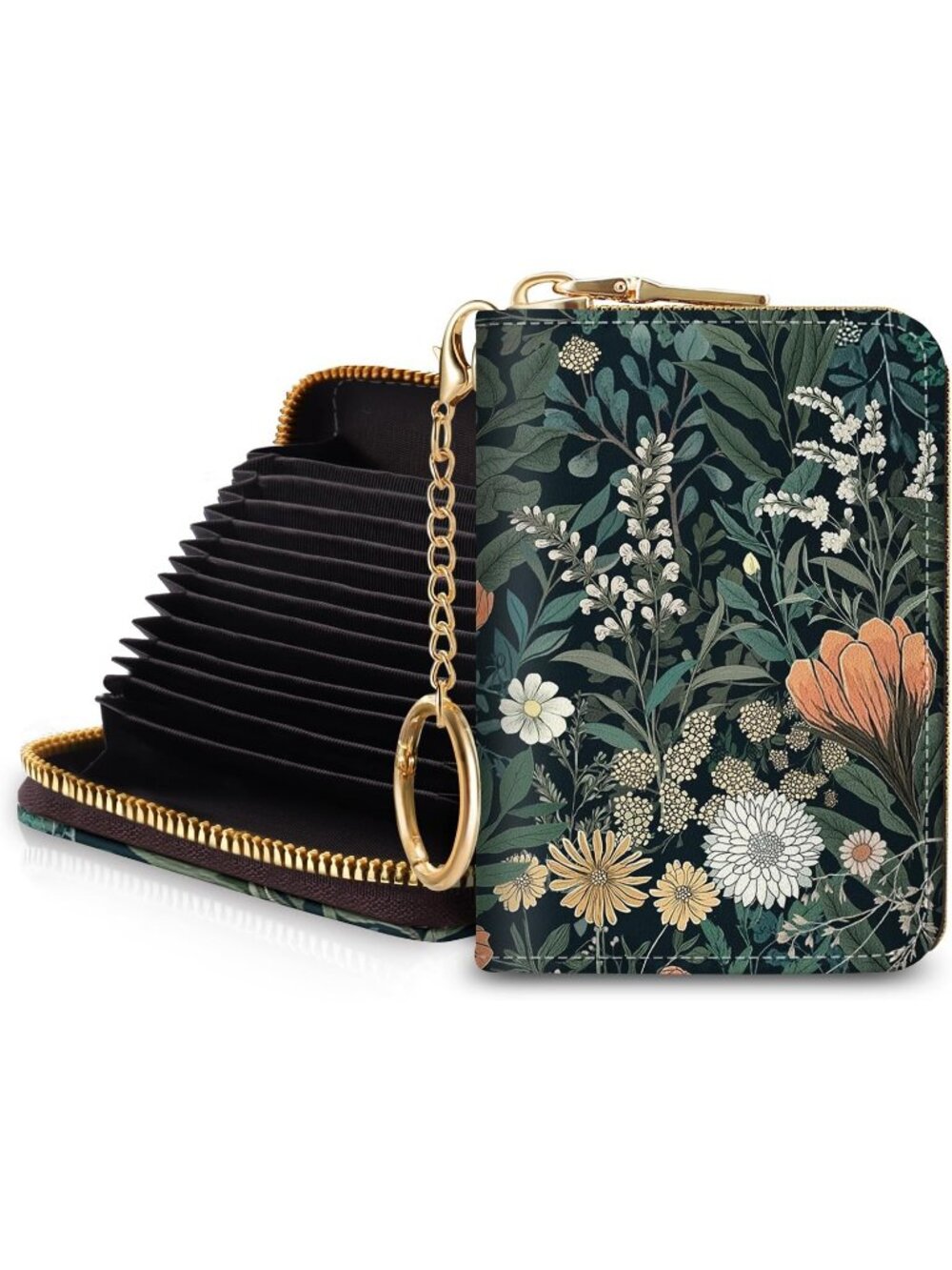 Women Weeds Florals RFID Credit Card Holder Bird Keychain Travel Zipper Wallet